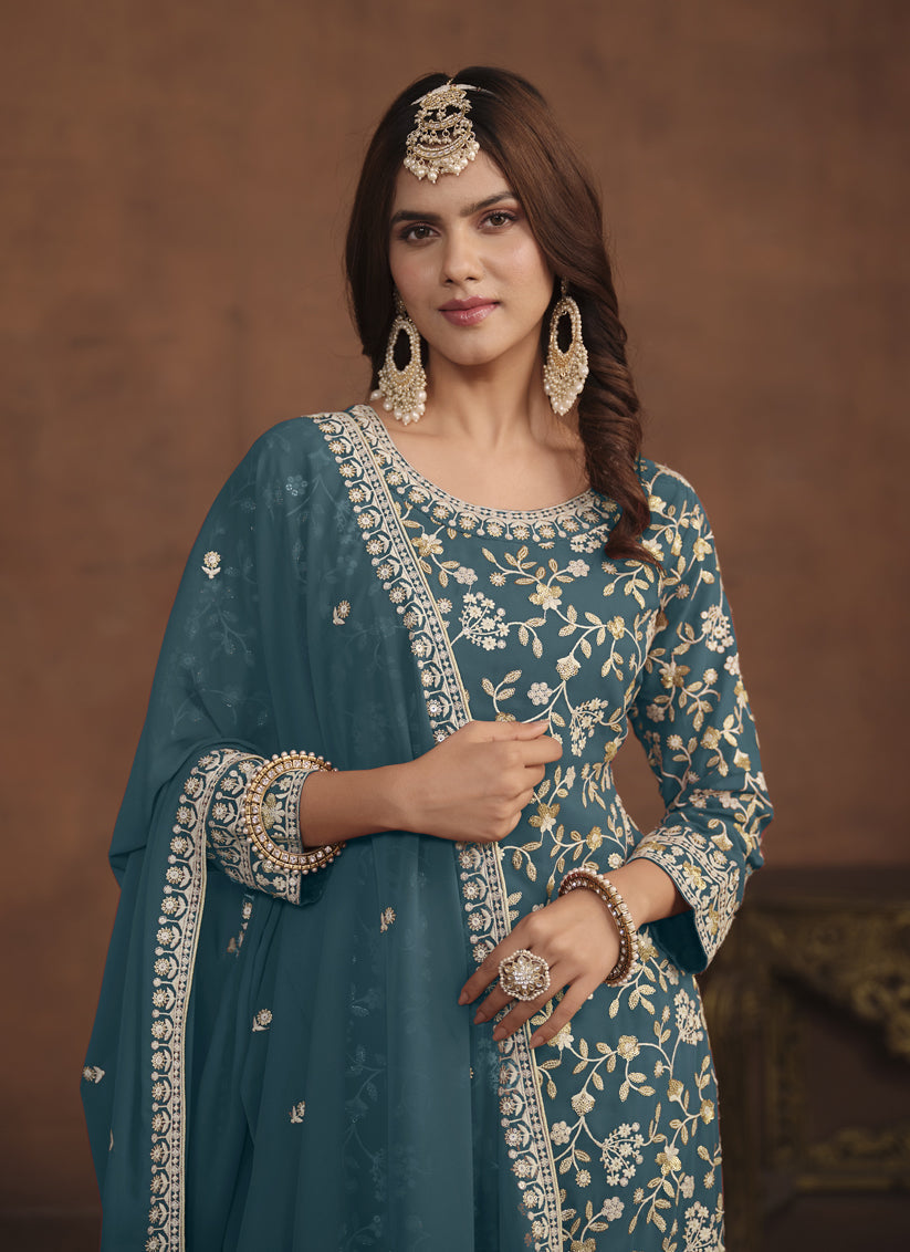 Teal Blue Faux Georgette Embroidered Palazzo Kameez