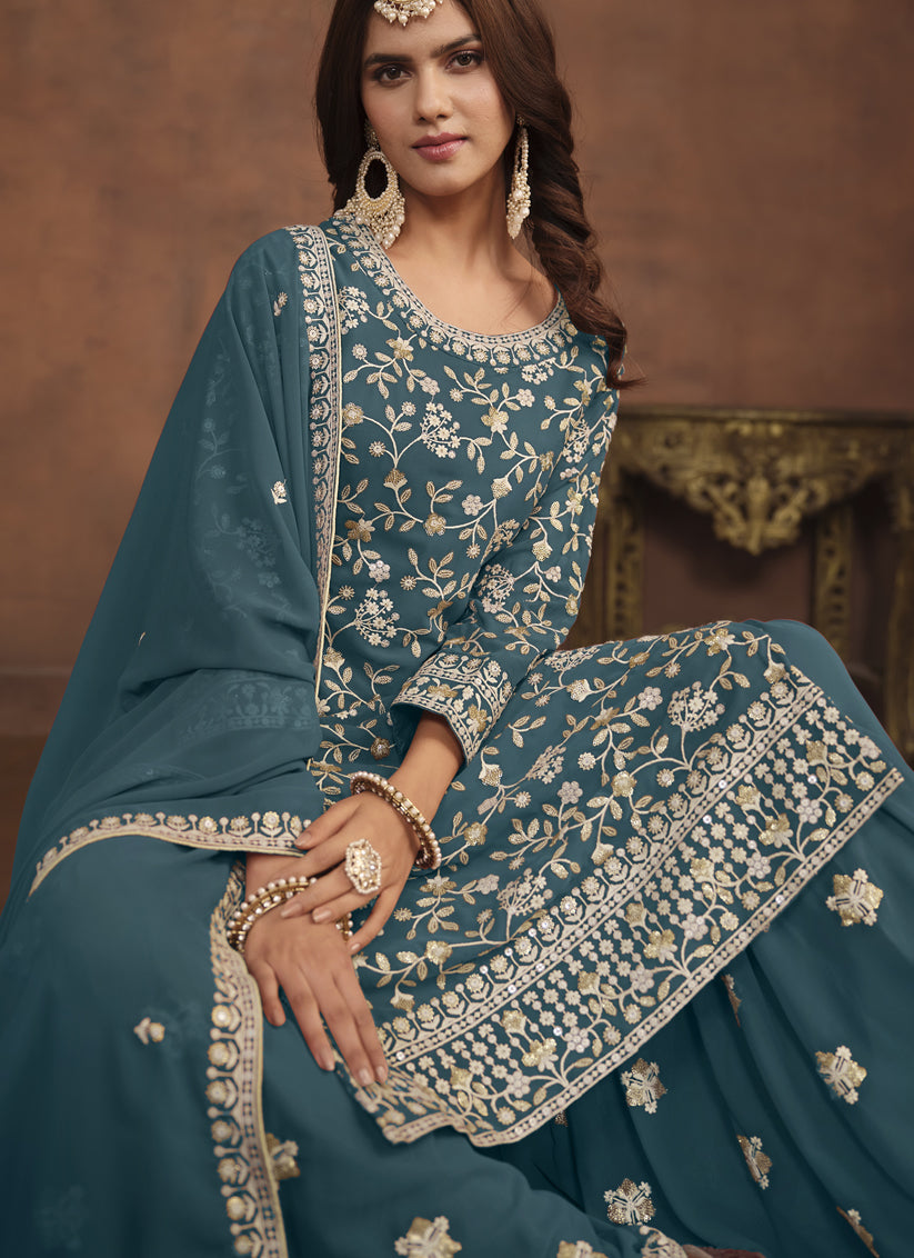 Teal Blue Faux Georgette Embroidered Palazzo Kameez