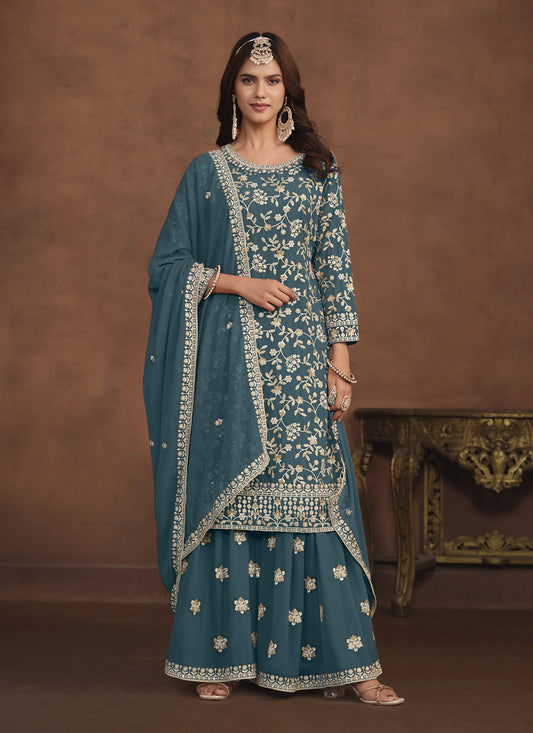 Teal Blue Faux Georgette Embroidered Palazzo Kameez