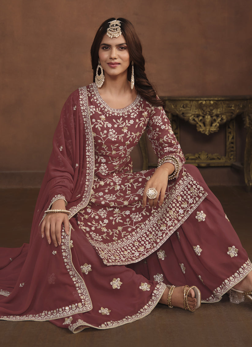 Rose Taupe Faux Georgette Embroidered Palazzo Kameez