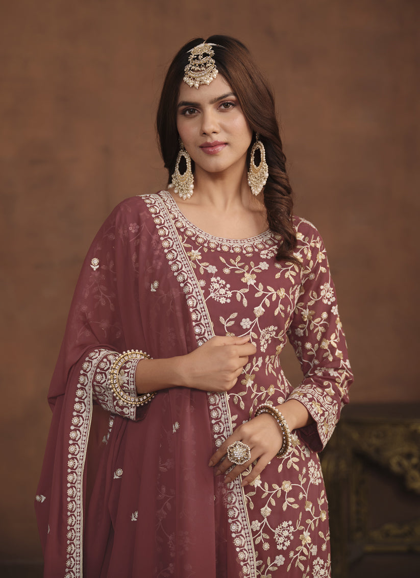 Rose Taupe Faux Georgette Embroidered Palazzo Kameez