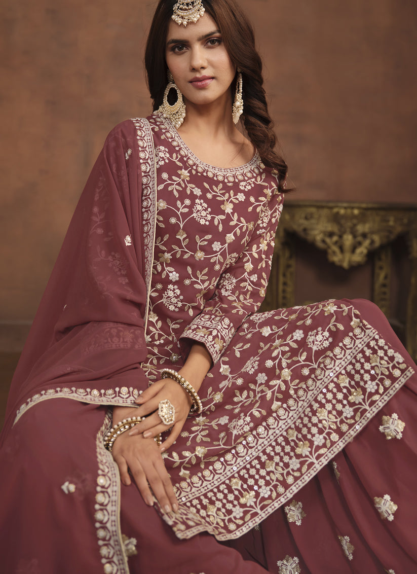 Rose Taupe Faux Georgette Embroidered Palazzo Kameez