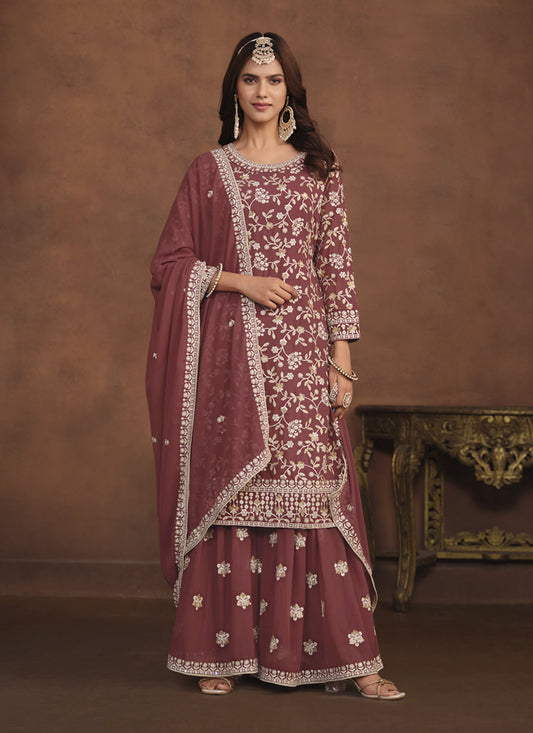 Rose Taupe Faux Georgette Embroidered Palazzo Kameez