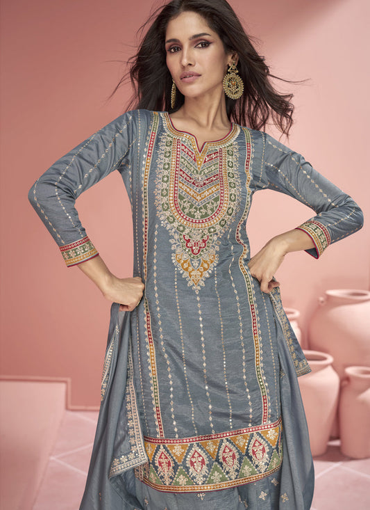 Steel Grey Organza Silk Embroidered Designer Palazzo Kameez