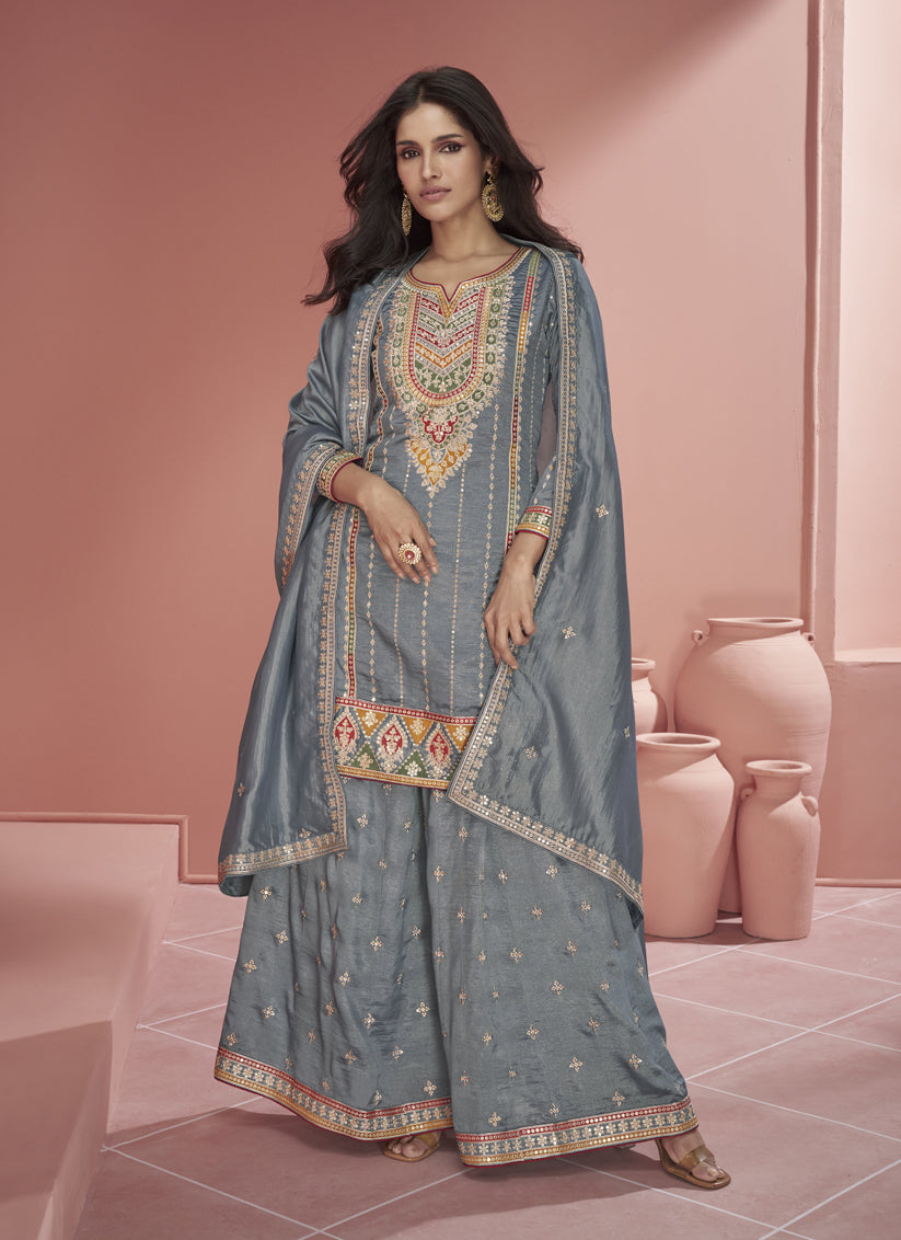 Steel Grey Organza Silk Embroidered Designer Palazzo Kameez