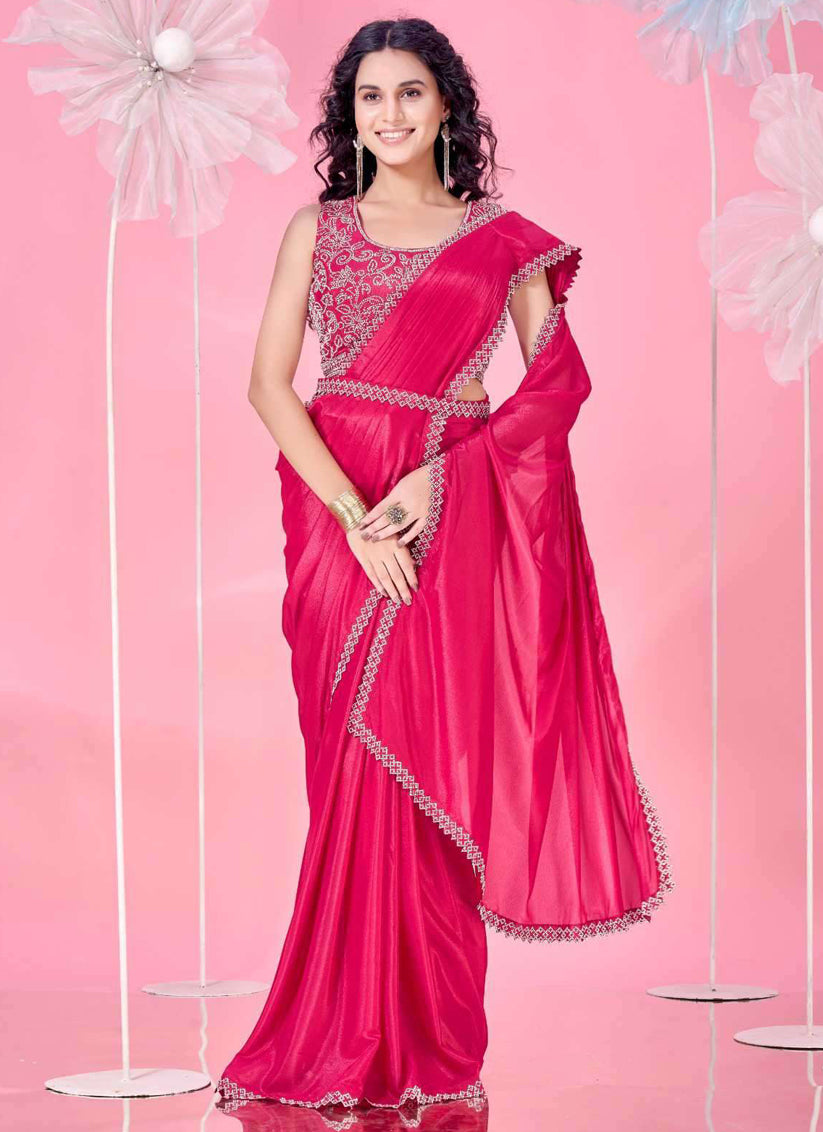 rani pink heavy stone work ready to wear saree