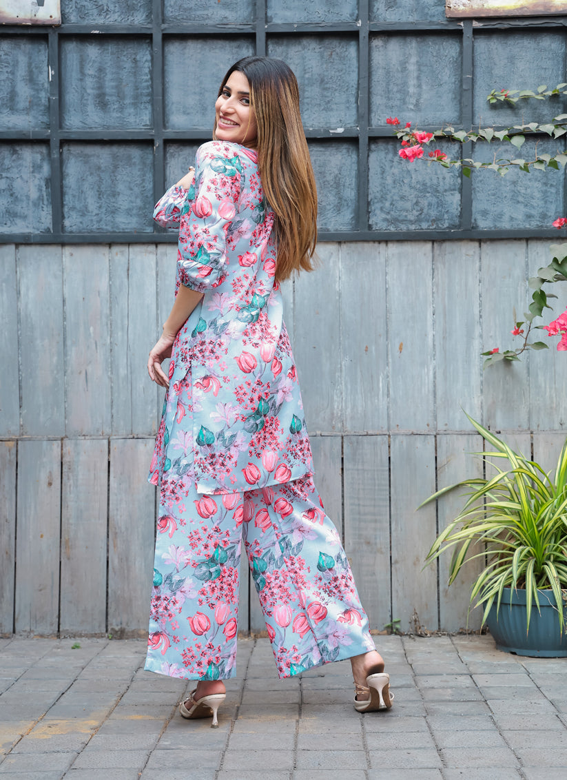 Powder Blue Cotton Floral Printed Co-Ord Set