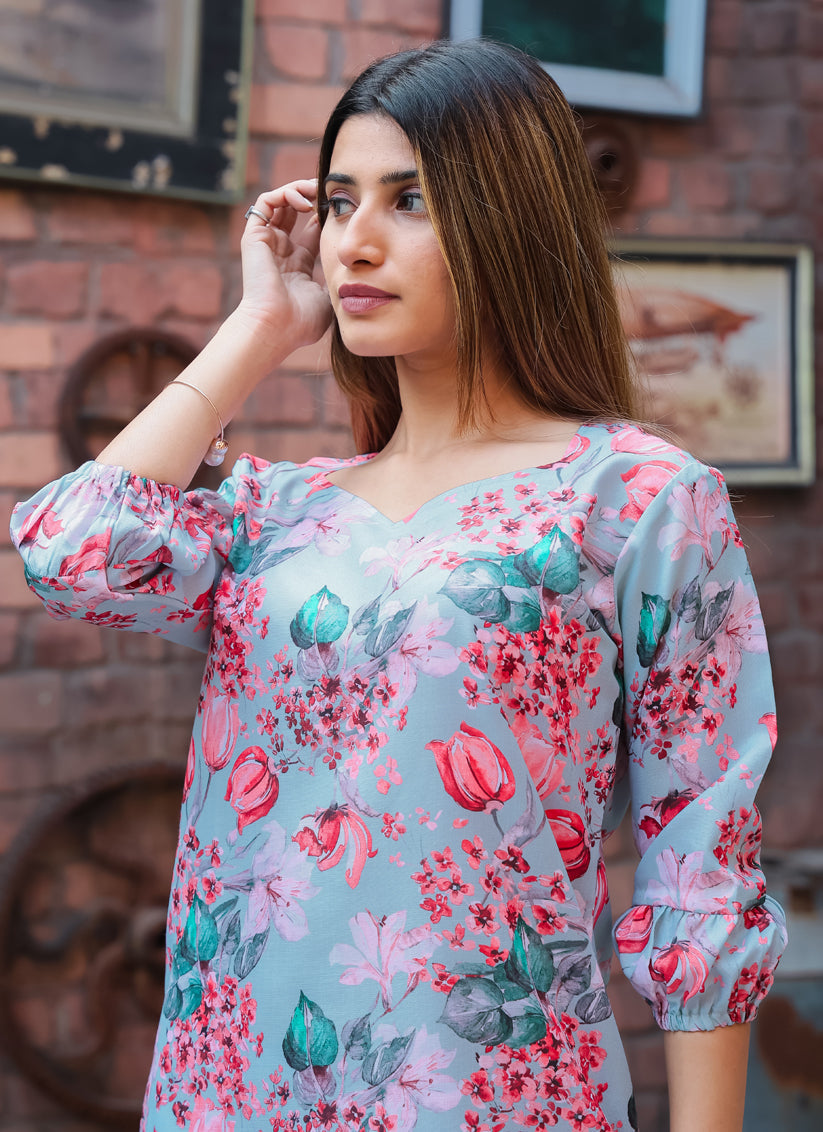 Powder Blue Cotton Floral Printed Co-Ord Set