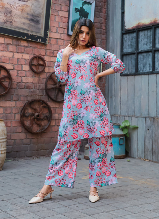 Powder Blue Cotton Floral Printed Co-Ord Set