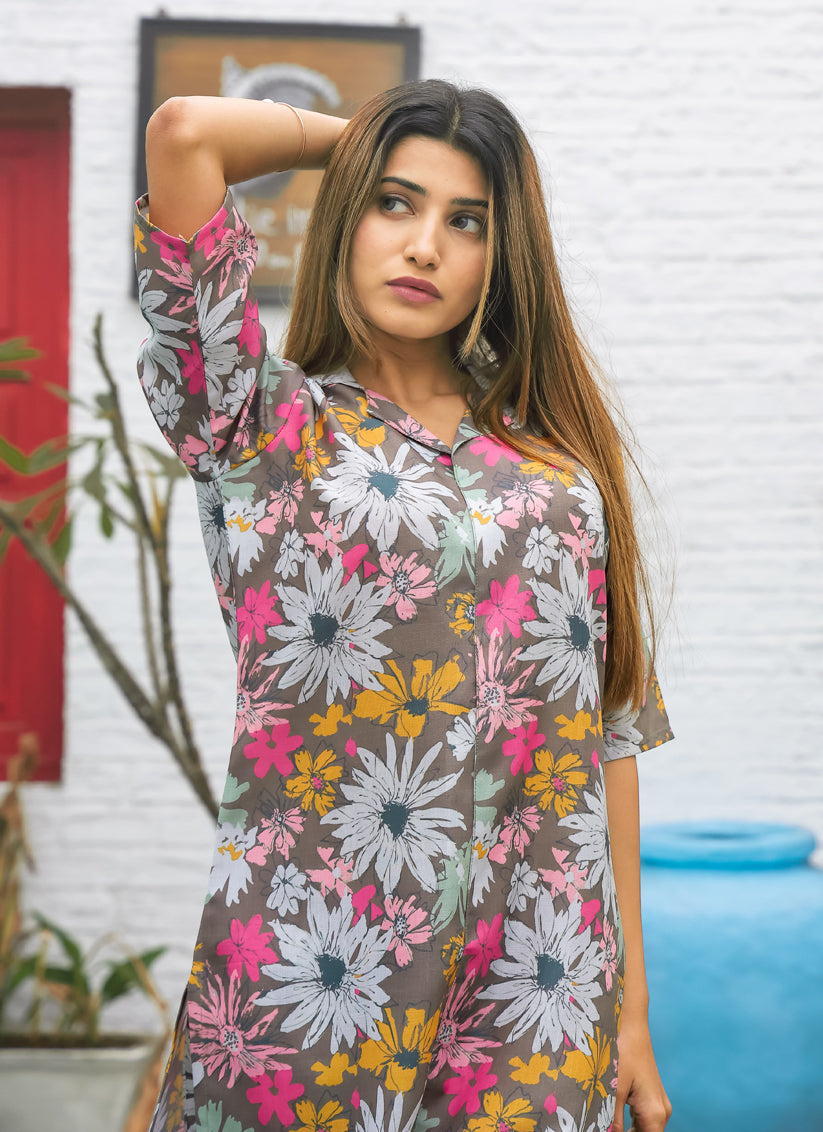 Grey Cotton Floral Printed Co-Ord Set