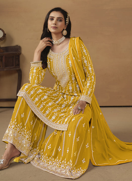 Mustard Faux Georgette Embroidered Sharara Kameez