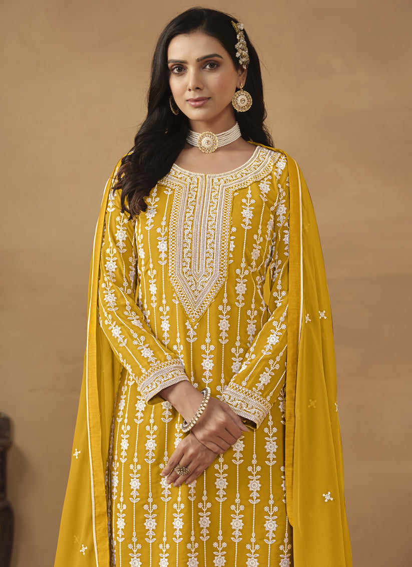 Mustard Faux Georgette Embroidered Sharara Kameez