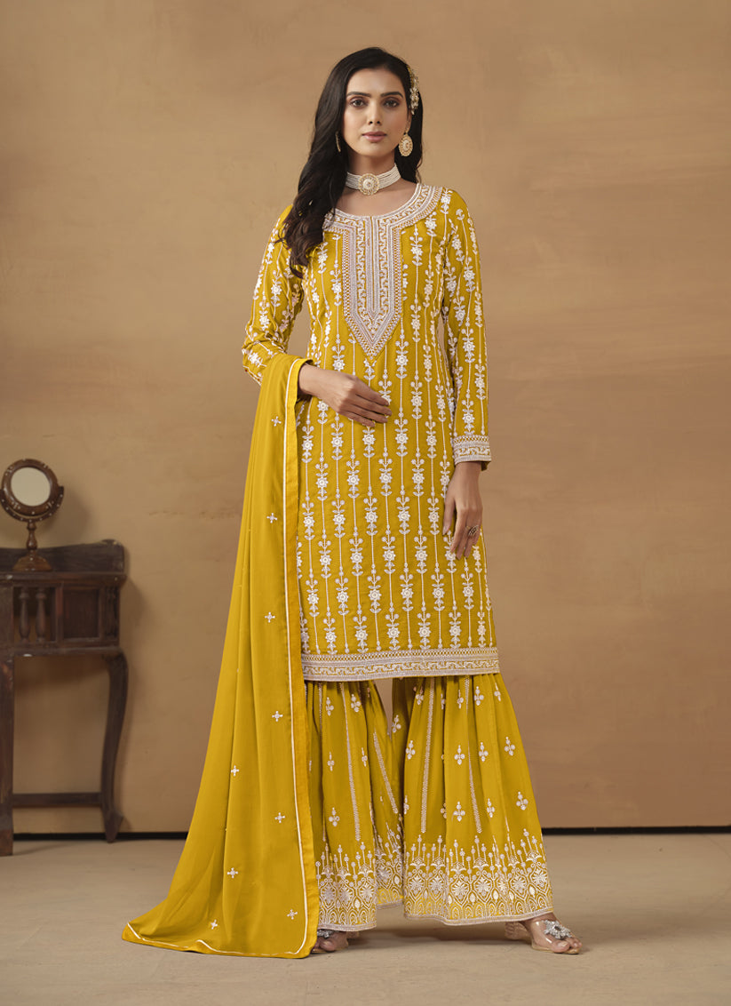 Mustard Faux Georgette Embroidered Sharara Kameez