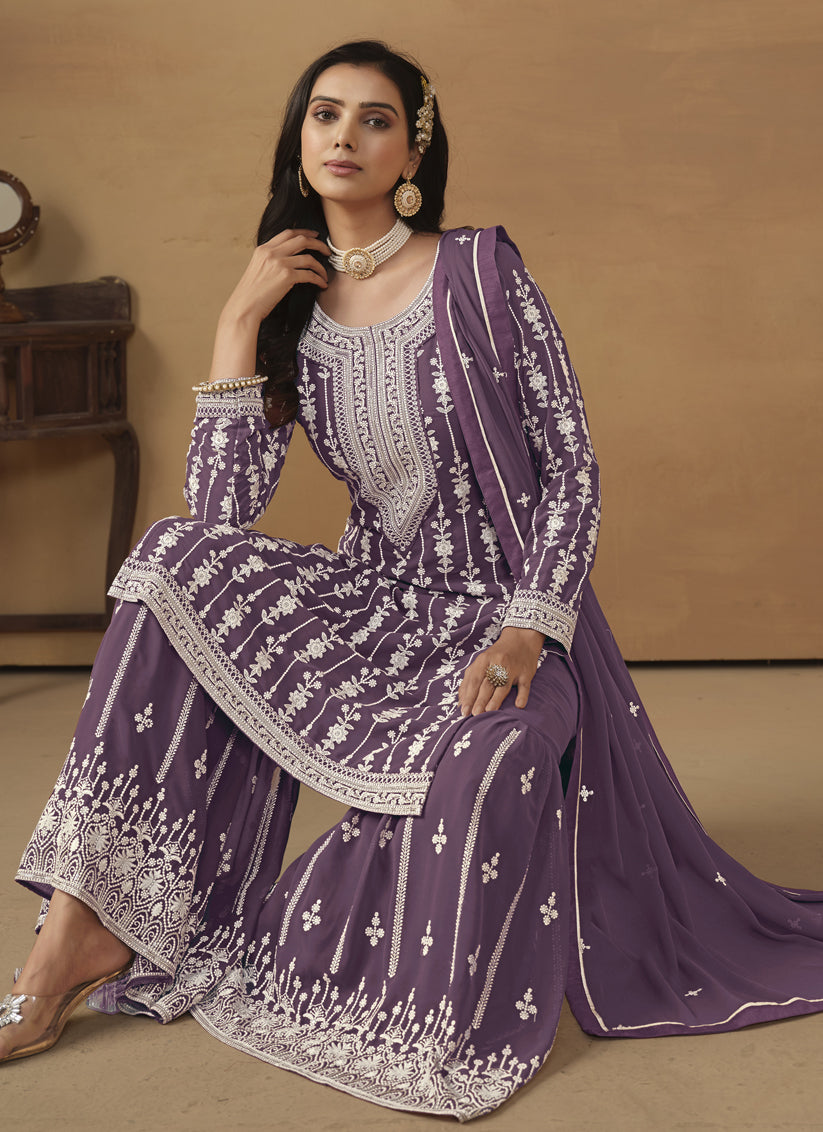 Amethyst Faux Georgette Embroidered Sharara Kameez