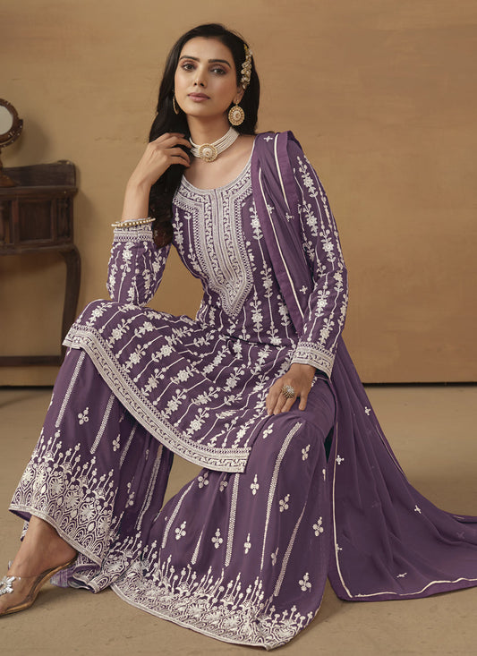 Amethyst Faux Georgette Embroidered Sharara Kameez
