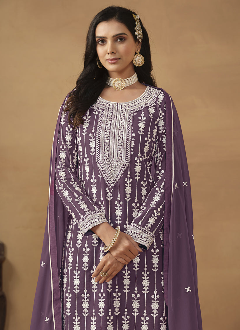Amethyst Faux Georgette Embroidered Sharara Kameez
