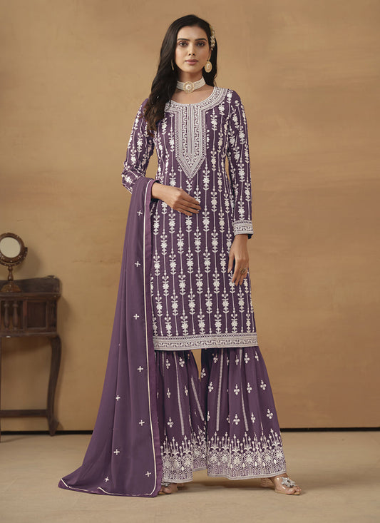 Amethyst Faux Georgette Embroidered Sharara Kameez