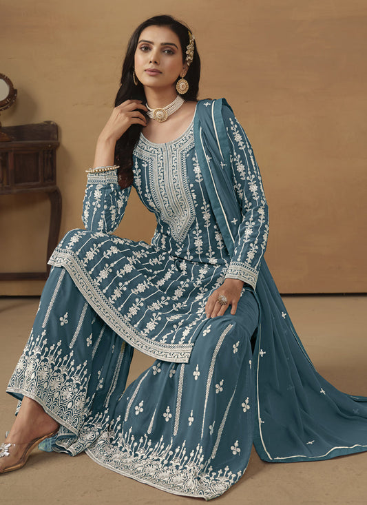 Teal Blue Faux Georgette Embroidered Sharara Kameez