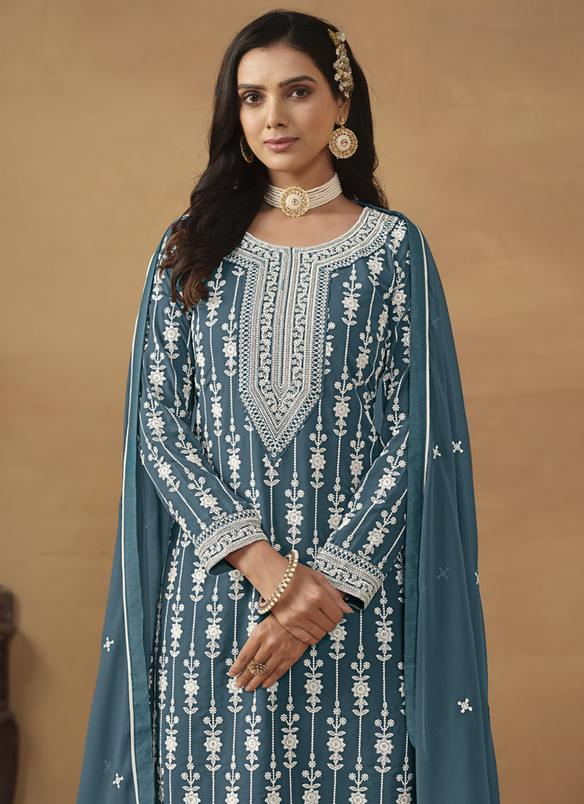 Teal Blue Faux Georgette Embroidered Sharara Kameez
