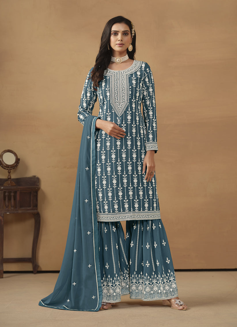 Teal Blue Faux Georgette Embroidered Sharara Kameez