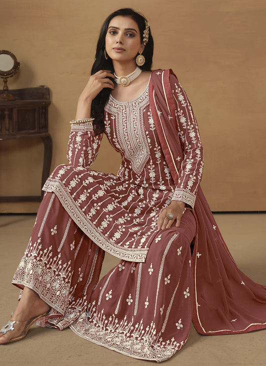 Rose Taupe Faux Georgette Embroidered Sharara Kameez