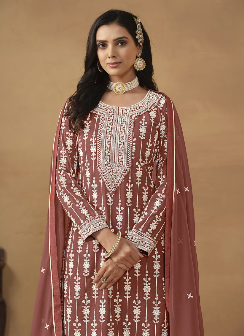 Rose Taupe Faux Georgette Embroidered Sharara Kameez