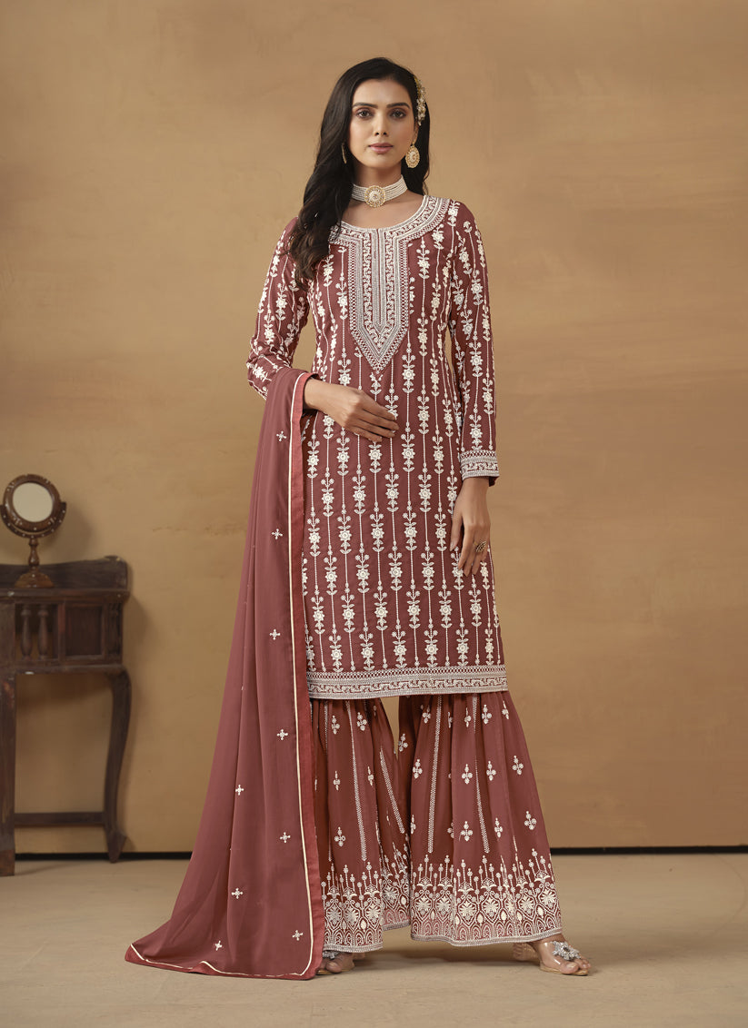 Rose Taupe Faux Georgette Embroidered Sharara Kameez