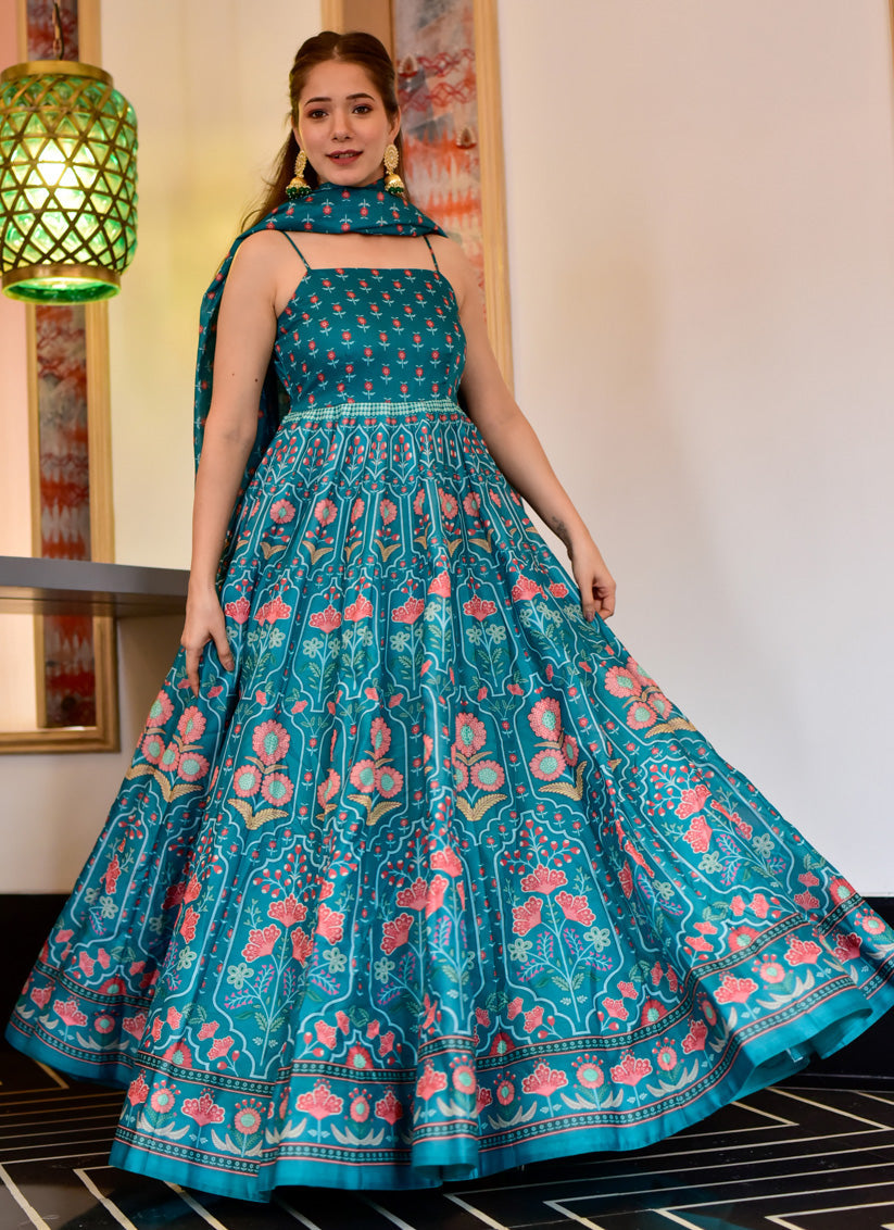 Teal Blue Silk Cotton Anarkali Style Gown with Dupatta