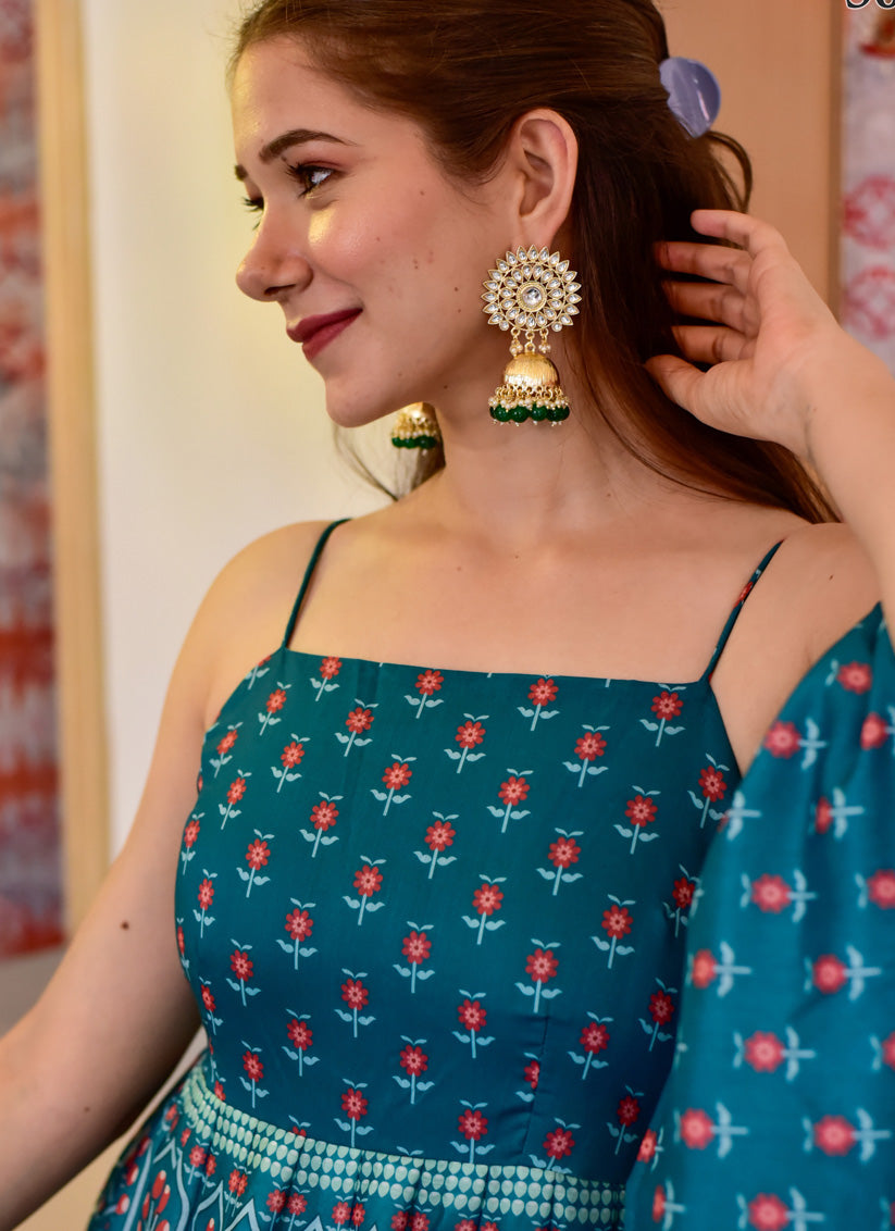 Teal Blue Silk Cotton Anarkali Style Gown with Dupatta