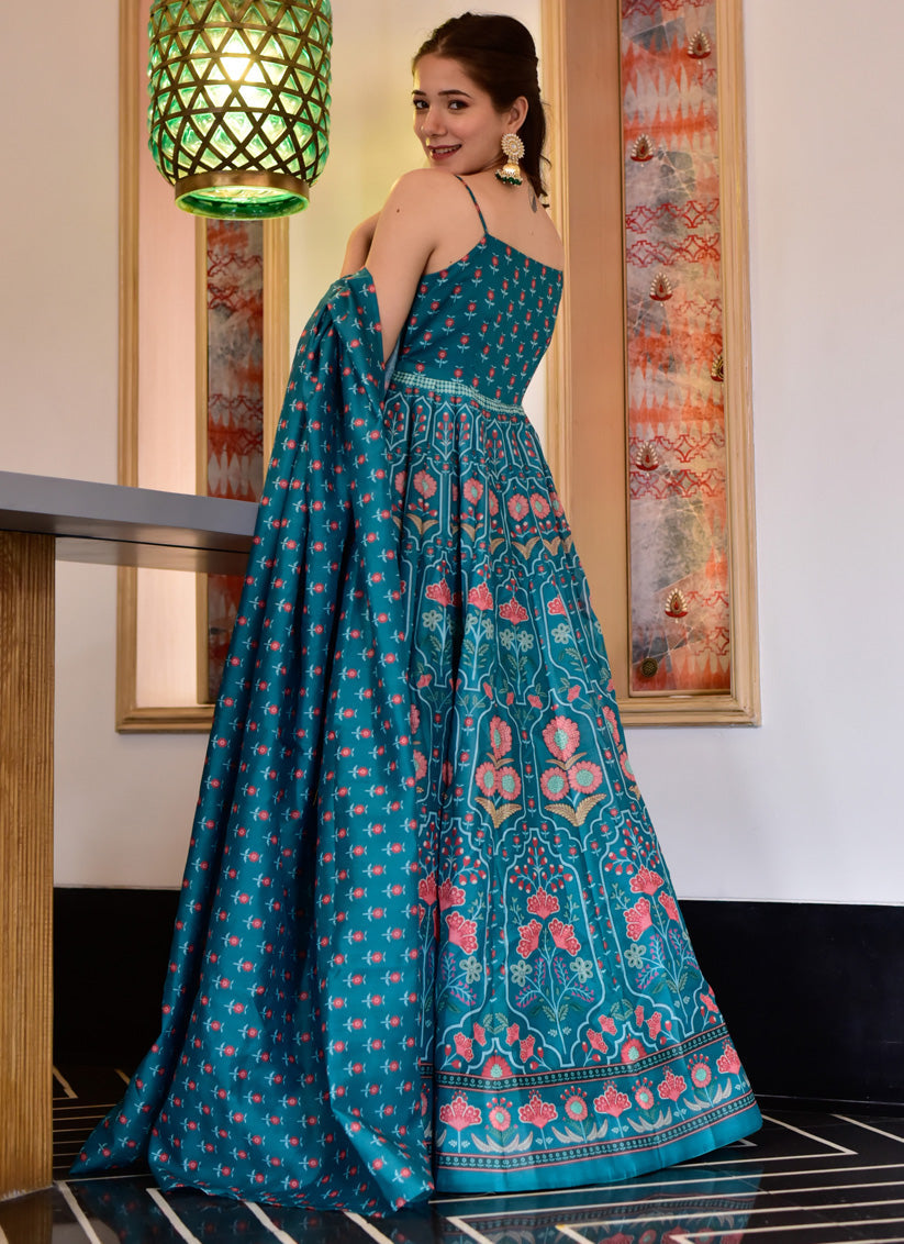Teal Blue Silk Cotton Anarkali Style Gown with Dupatta