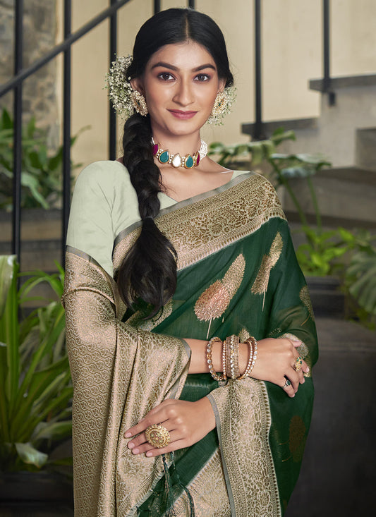 Bottle Green Cotton Woven Saree
