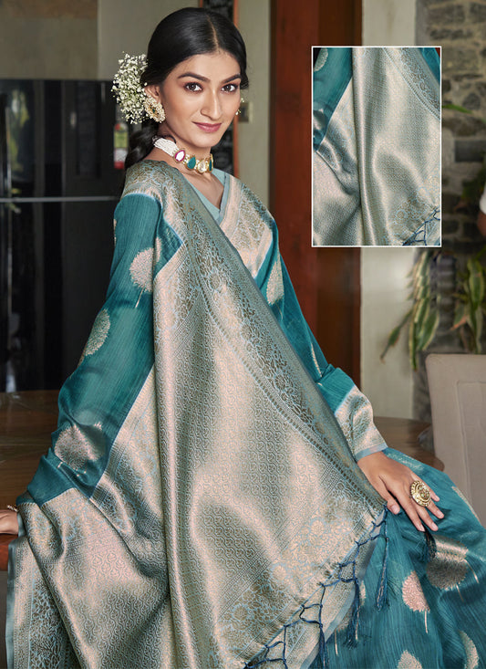 Teal Blue Cotton Woven Saree