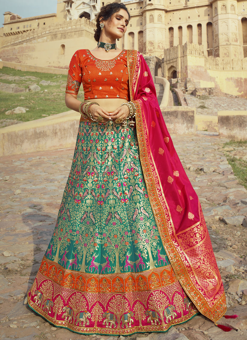 Multi Color Banarasi Art Silk Heavy Embroidered Bridal Lehenga Choli