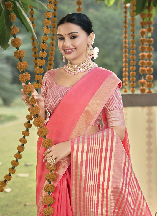 Coral Pink Cotton Woven Saree