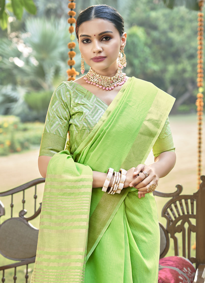 Parrot Green Cotton Woven Saree