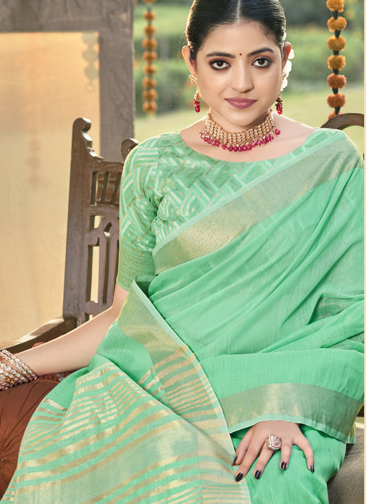 Sea Green Cotton Woven Saree