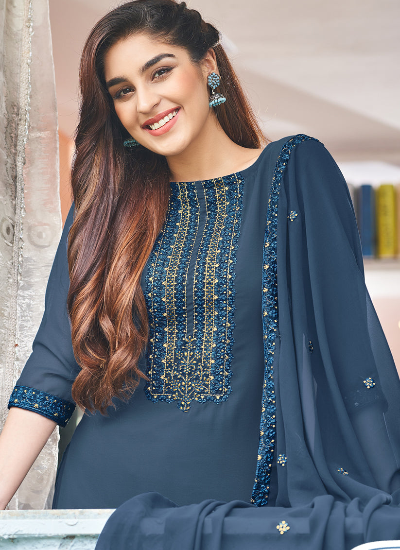 Blue Georgette Embroidered Churidar Kameez Set