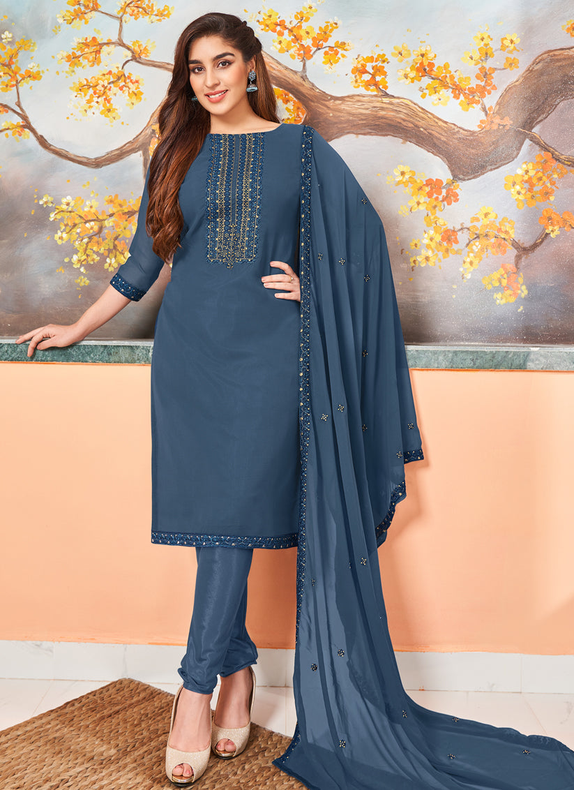 Blue Georgette Embroidered Churidar Kameez Set