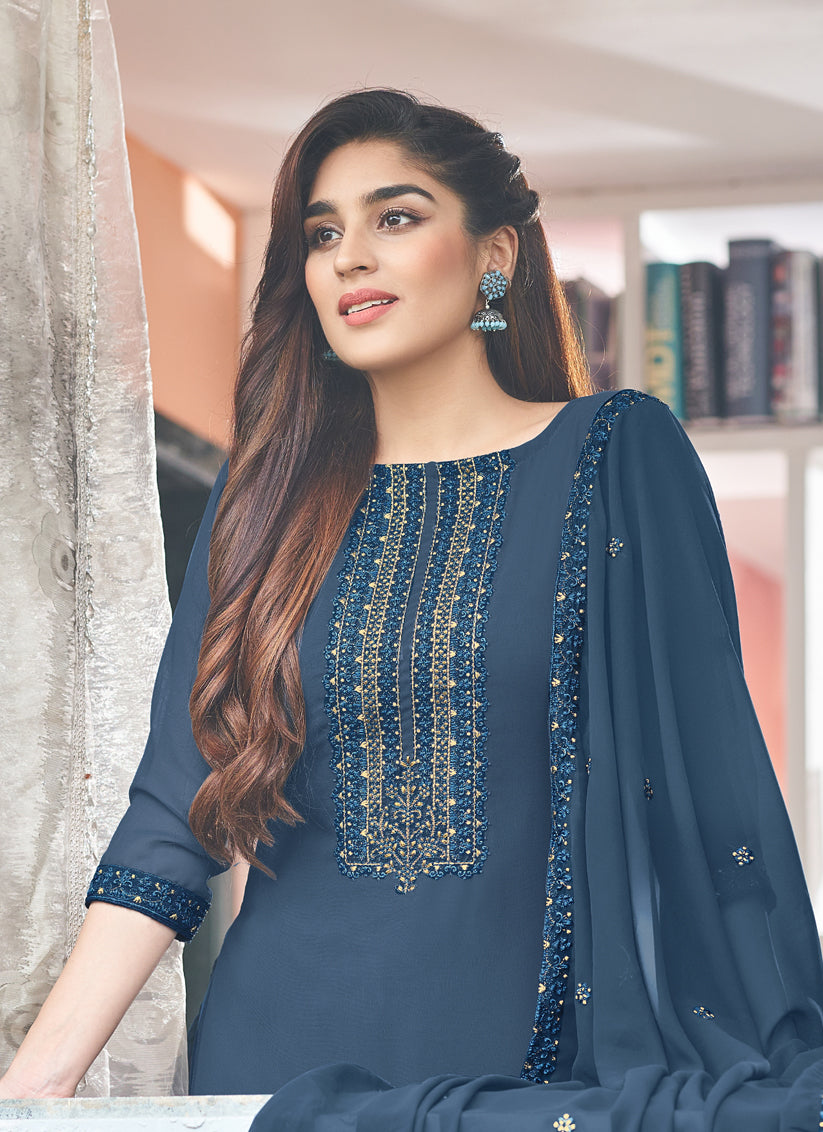 Blue Georgette Embroidered Churidar Kameez Set