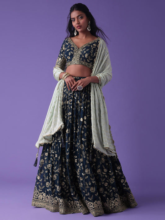 Navy Blue Heavy Designer Georgette Lehenga Choli