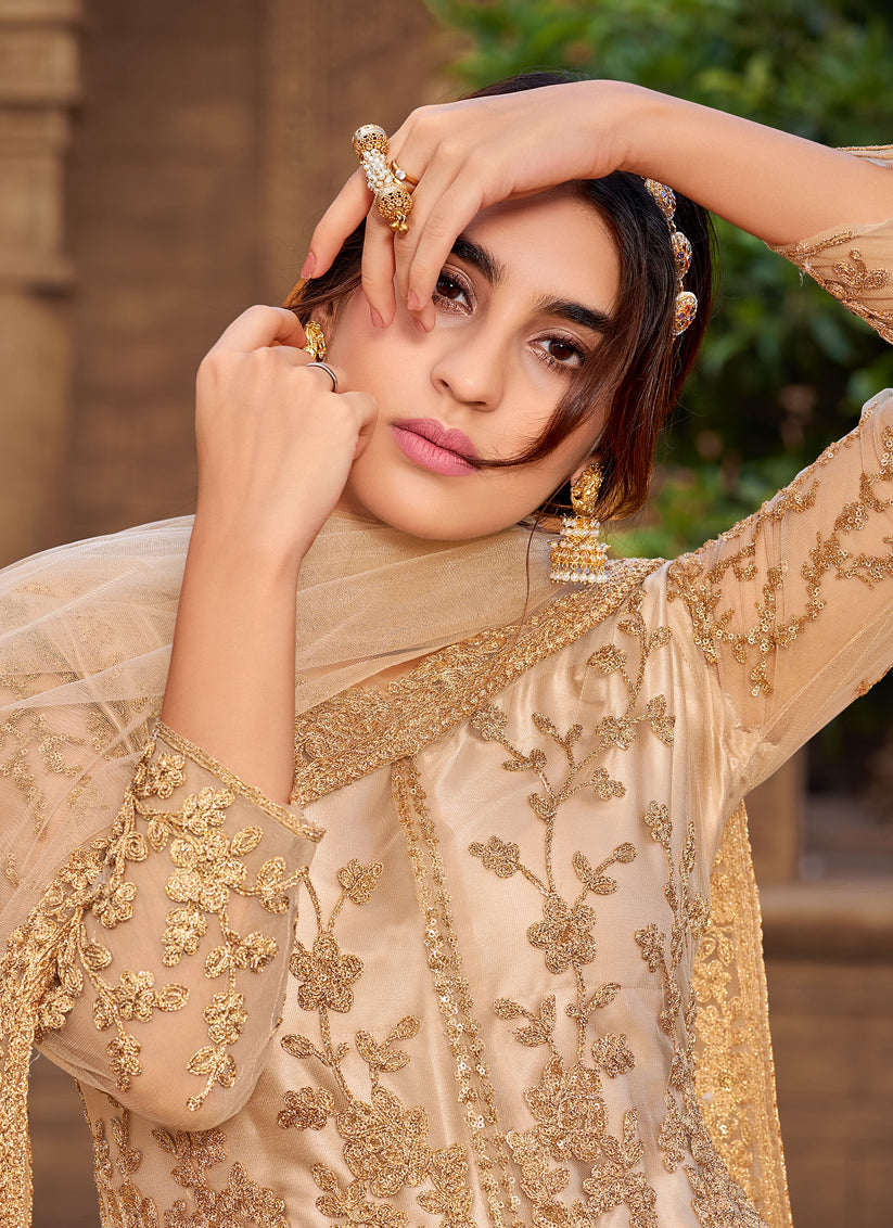 Blush Peach Net Embroidered Designer Pant Kameez