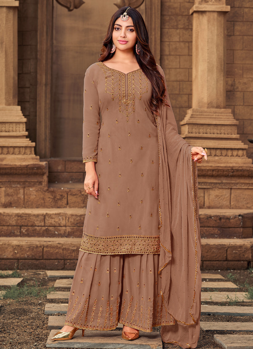 Brown Faux Georgette Embroidered Designer Sarara Kameez