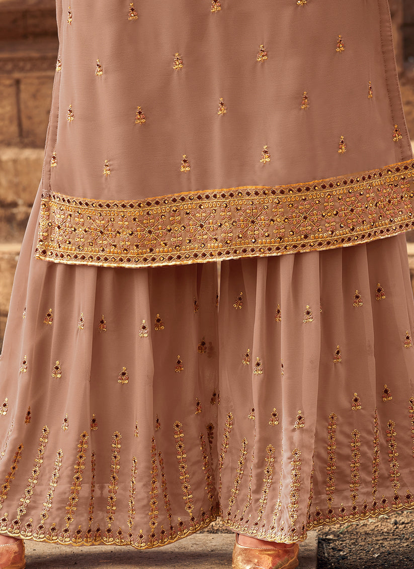 Brown Faux Georgette Embroidered Designer Sarara Kameez