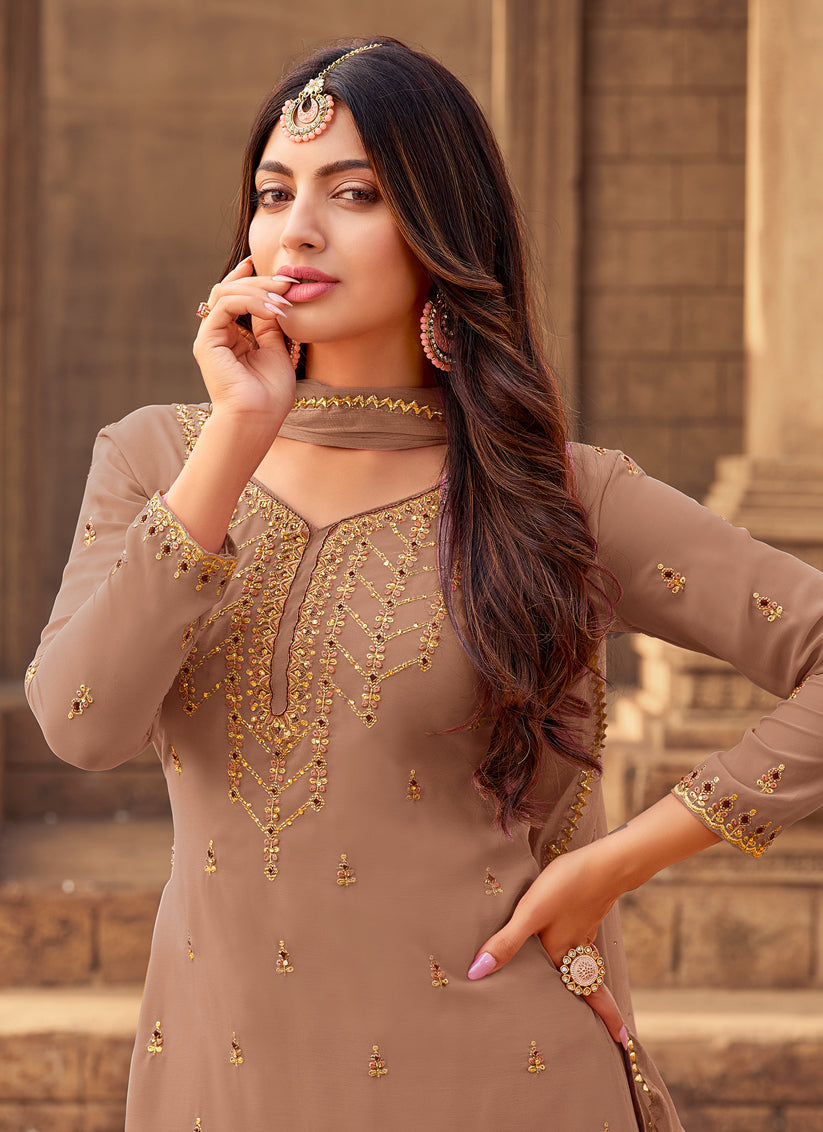 Brown Faux Georgette Embroidered Designer Sarara Kameez
