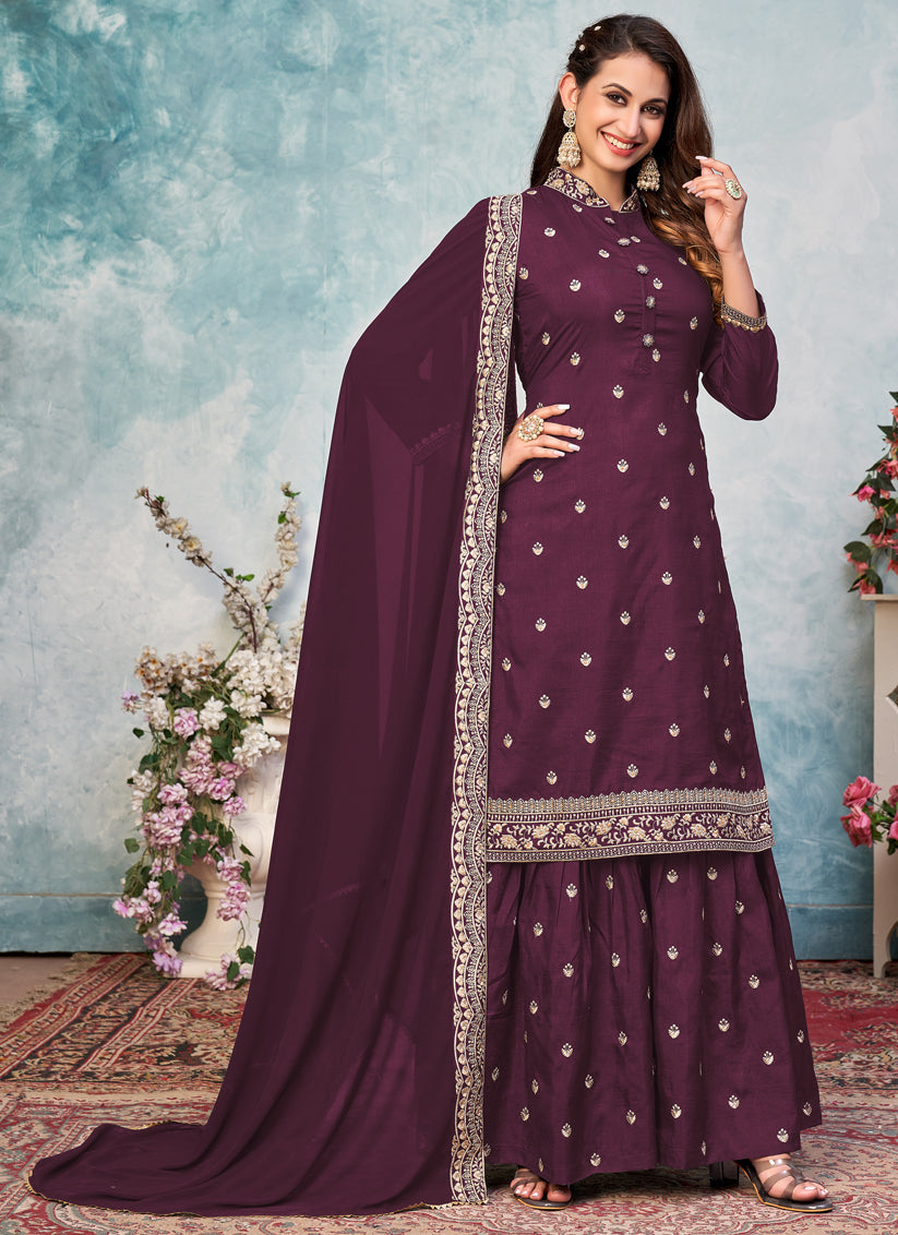 Burgundy Art Silk Embroidered Sarara Kameez