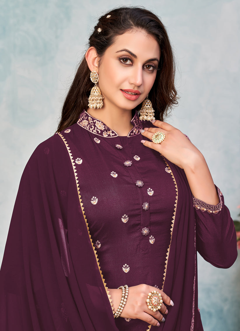 Burgundy Art Silk Embroidered Sarara Kameez