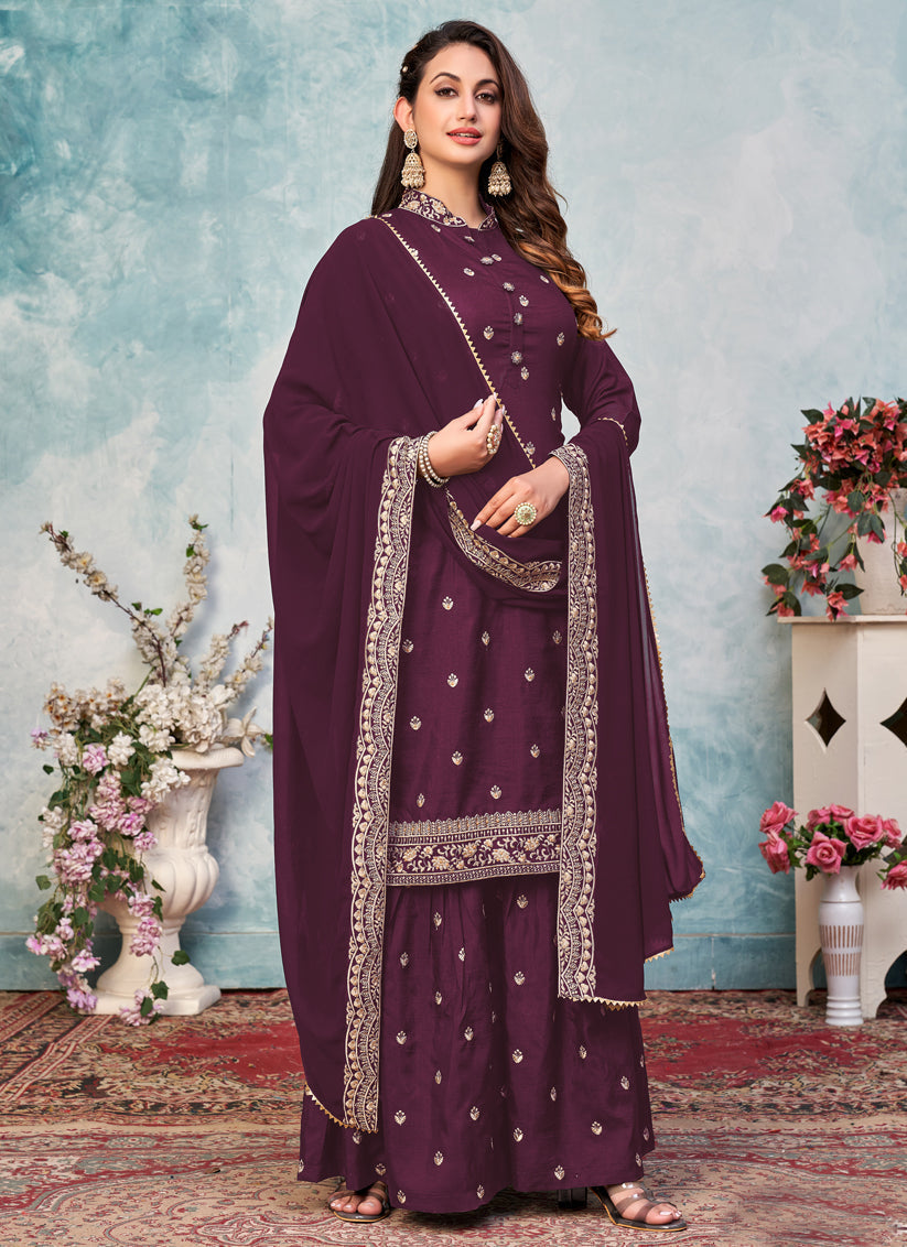 Burgundy Art Silk Embroidered Sarara Kameez
