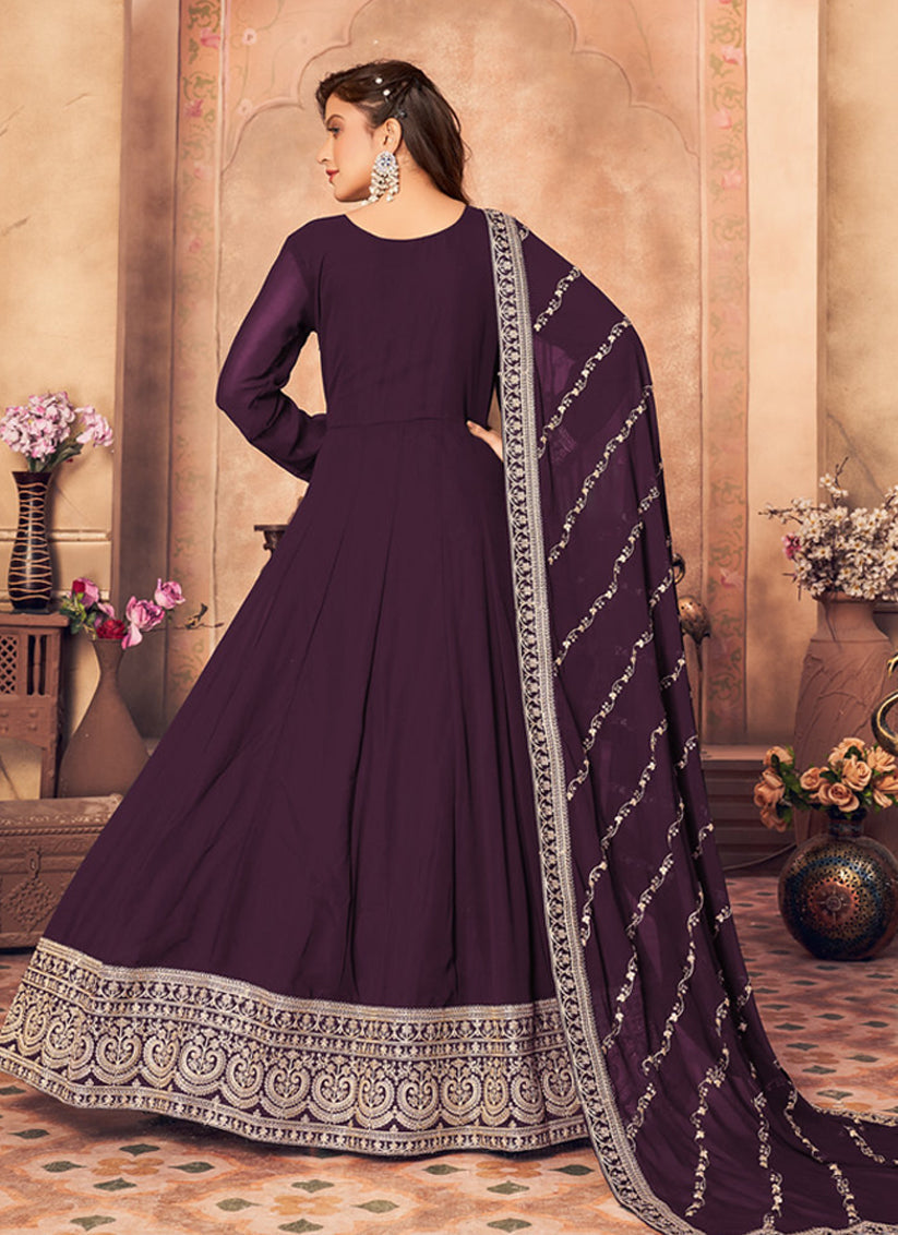 Burgundy Faux Georgette Embroidered Anarkali Suit