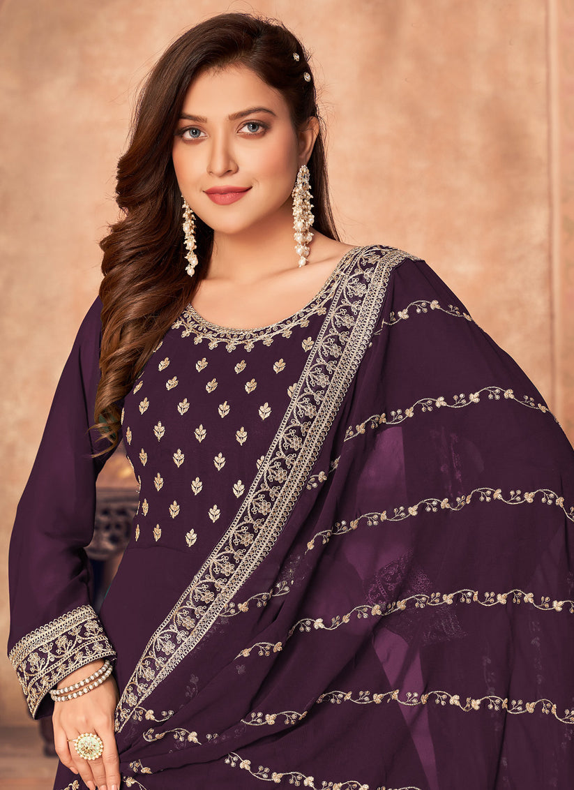 Burgundy Faux Georgette Embroidered Anarkali Suit