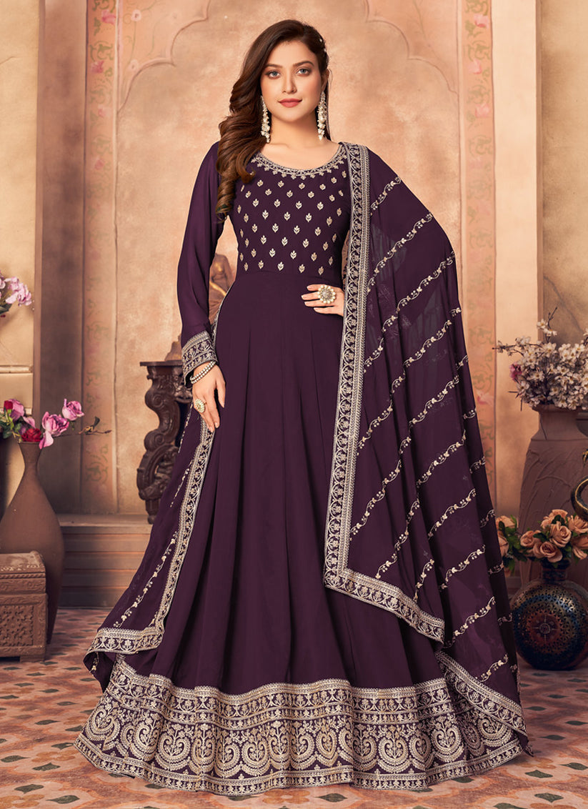 Burgundy Faux Georgette Embroidered Anarkali Suit